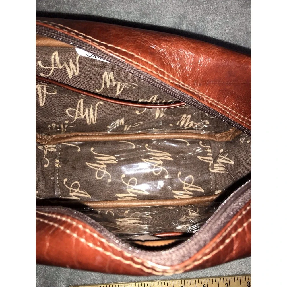 American West Embossed Tooled Leather Toiletry Cosmetic Bag Western Leaf Style
